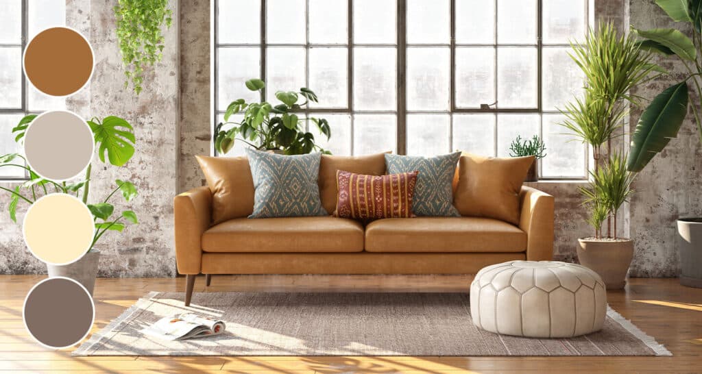 a brown leather couch in a living room decorated in earth neutrals